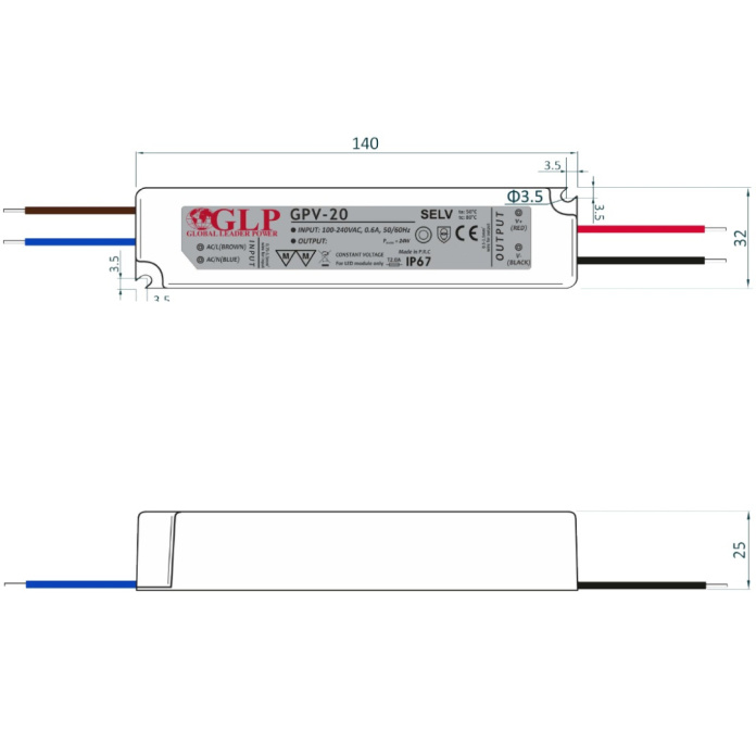 Rysunek techniczny zasilacza GPV-20-24